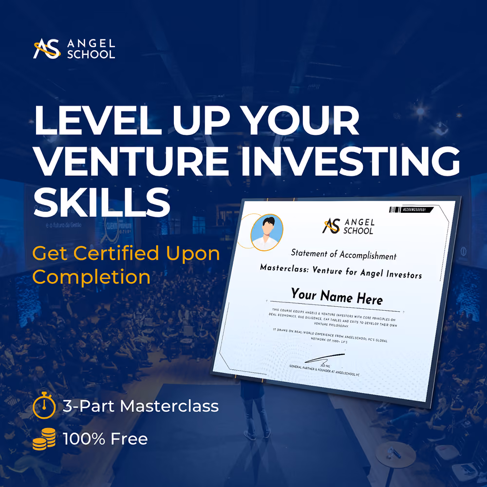 Angel School advertises a free 3-part masterclass to level up venture investing skills and get certified.