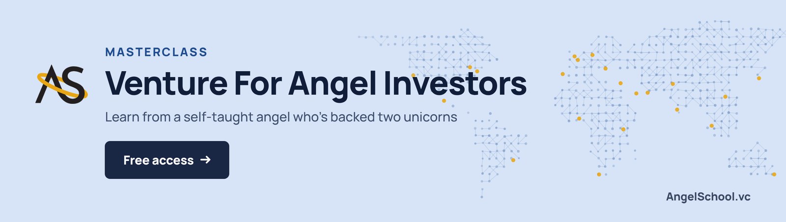 AngelSchool.vc masterclass banner, Venture For Angel Investors, over a dot-matrix world map.