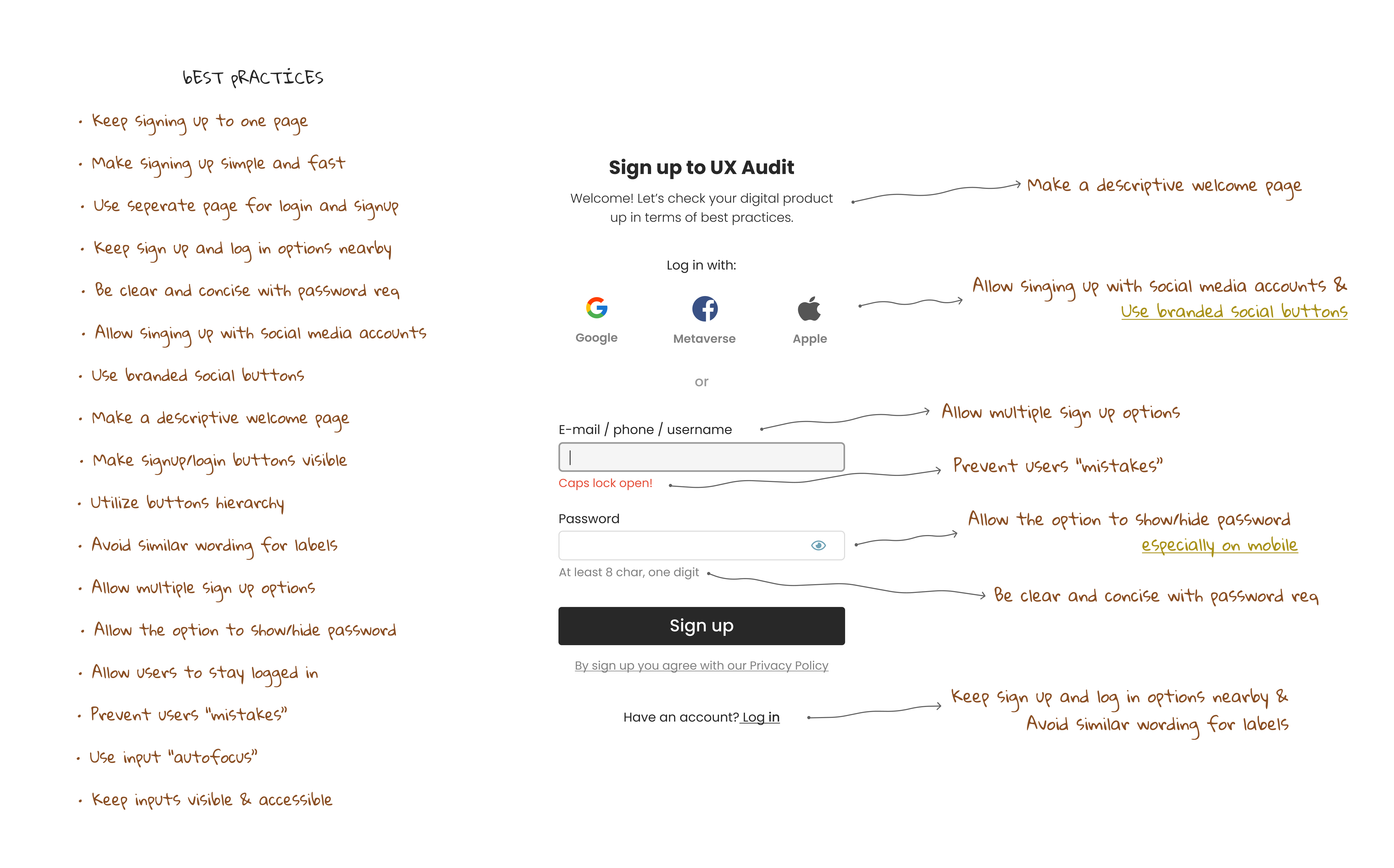 Log in Sign Up Page Common Pattern UX Best Practices Audit Review
