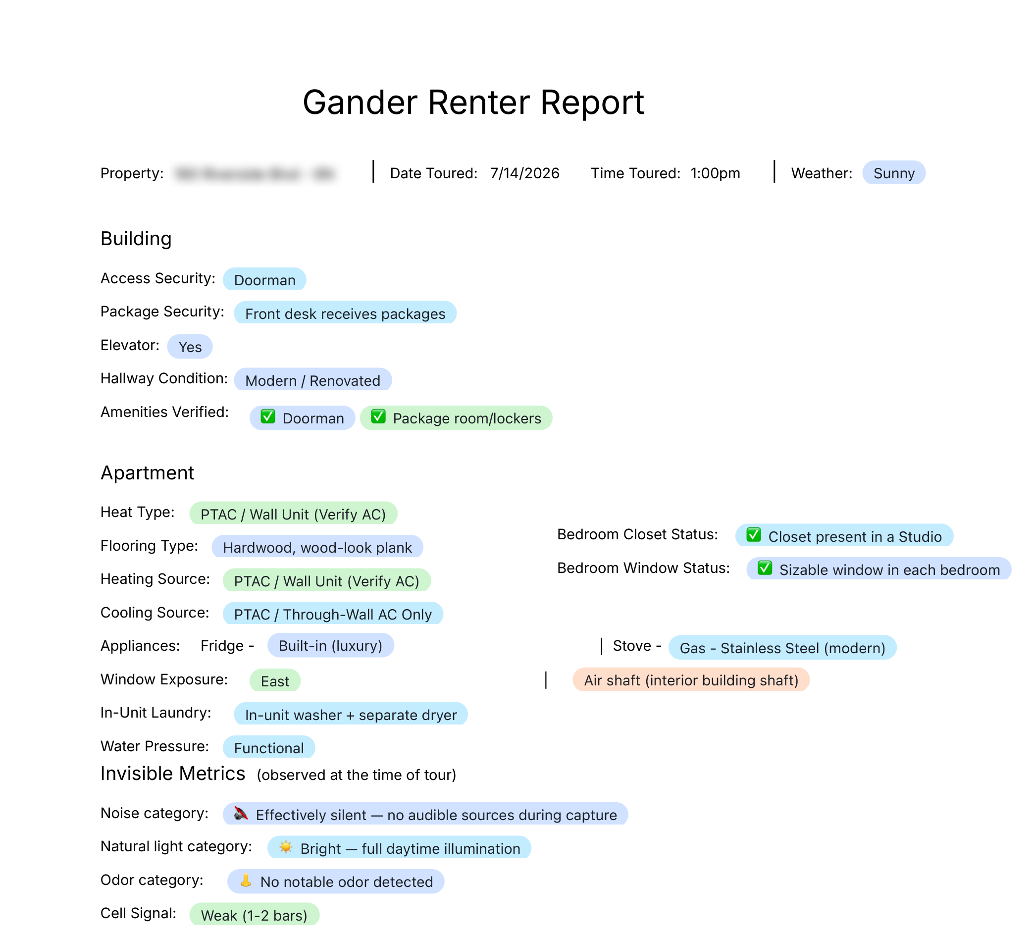 Sample Gander renter report showing building and apartment details