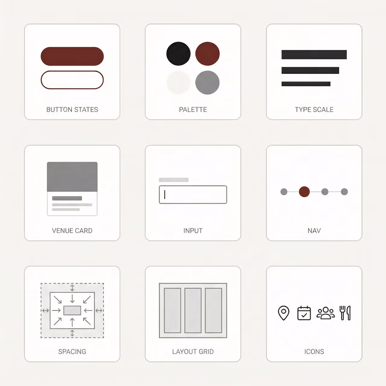 Grid of nine interface design elements icons labeled Button States, Palette, Type Scale, Venue Card, Input, Nav, Spacing, Layout Grid, and Icons.