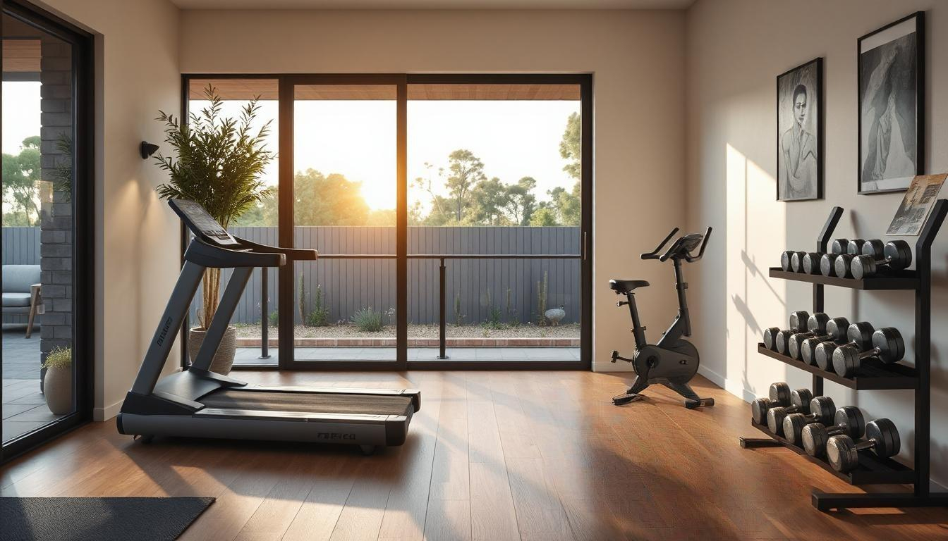 Modern home gym setup with mirrored walls, treadmill, weights, and natural light in an Australian home.