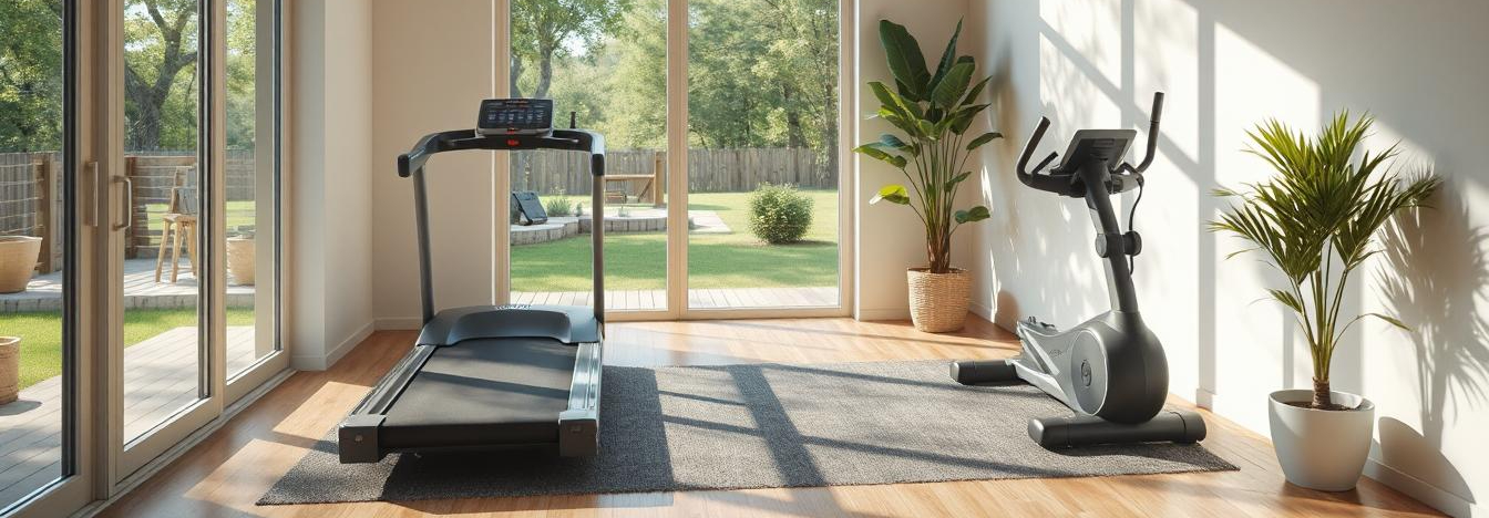 Modern home gym setup with mirrored walls, treadmill, weights, and natural light in an Australian home.