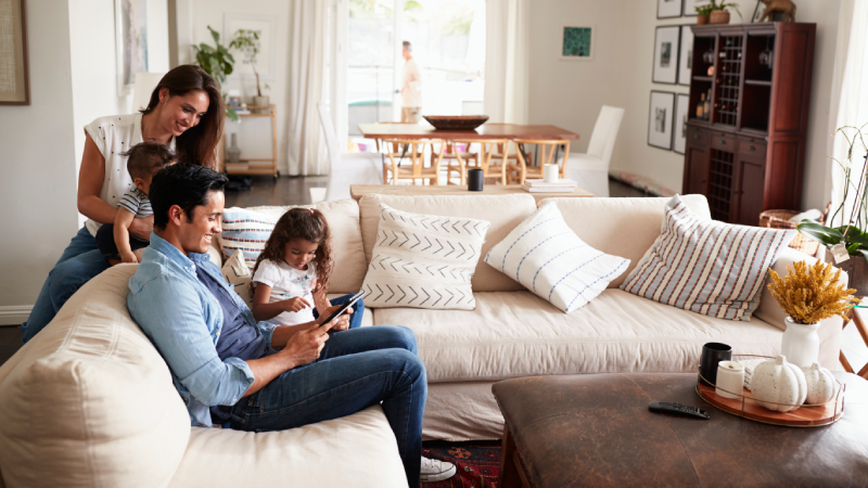 Modern family-friendly living room with kids’ play area, safe furniture, and stylish design.