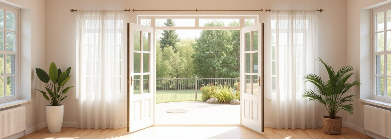 Modern renovated living room with open windows and bright natural airflow showing good home ventilation