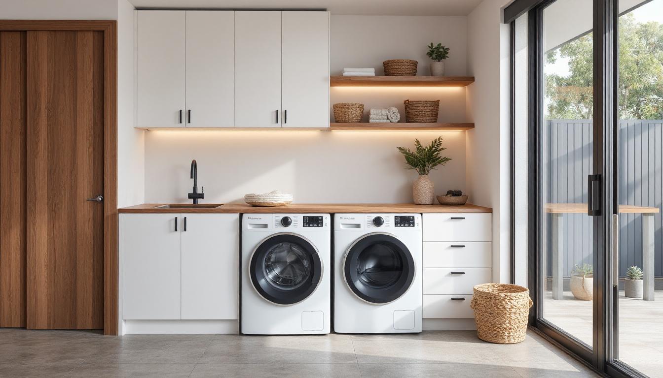 Modern Australian laundry room with built-in cabinetry, vertical storage and natural lighting