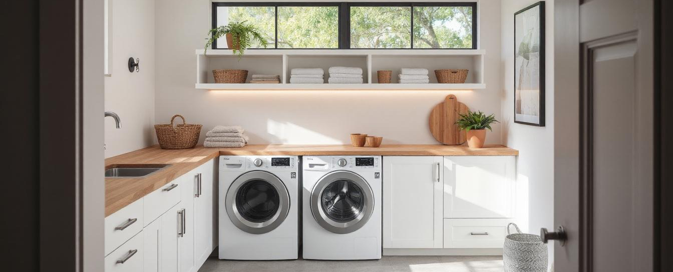 Modern Australian laundry room with built-in cabinetry, vertical storage and natural lighting