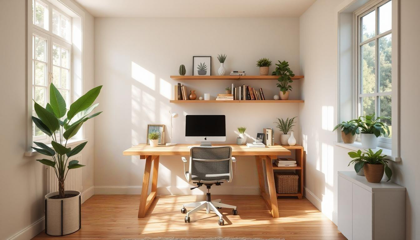 Modern Australian home office with natural light, ergonomic furniture, organised storage, and minimalist styling.