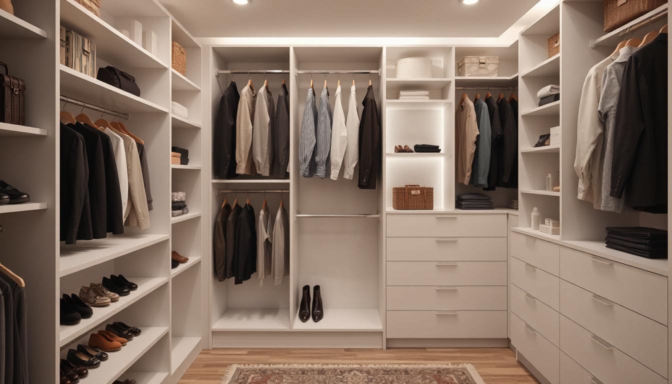 Modern Australian walk-in closet with custom shelving, smart storage features, and warm, well-planned lighting.