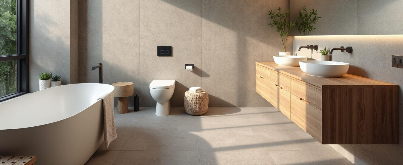 A modern Australian bathroom with soft lighting, natural materials, neutral colours, and spa-like styling that creates a calming sanctuary feel.