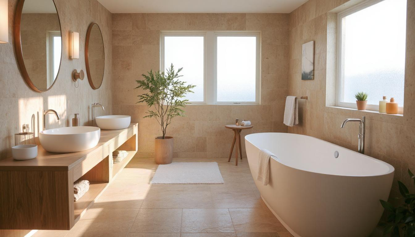 A modern Australian bathroom with soft lighting, natural materials, neutral colours, and spa-like styling that creates a calming sanctuary feel.