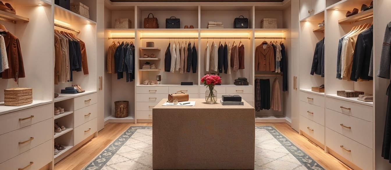 Modern Australian walk-in closet with custom shelving, smart storage features, and warm, well-planned lighting.