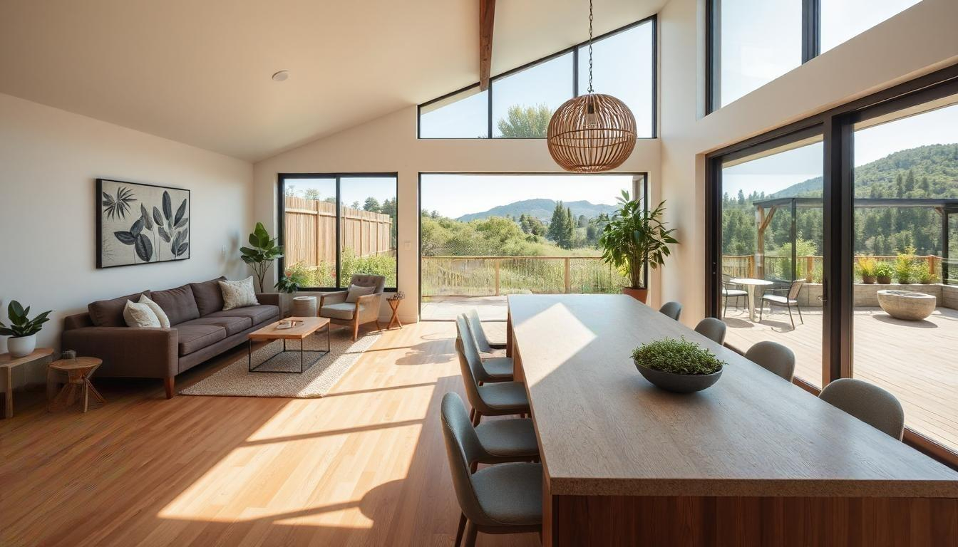 Australian home interior featuring sustainable materials including timber flooring, bamboo furniture, and natural finishes