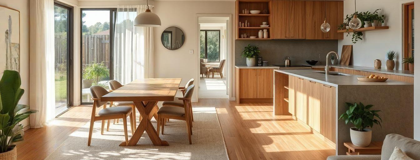Australian home interior featuring sustainable materials including timber flooring, bamboo furniture, and natural finishes