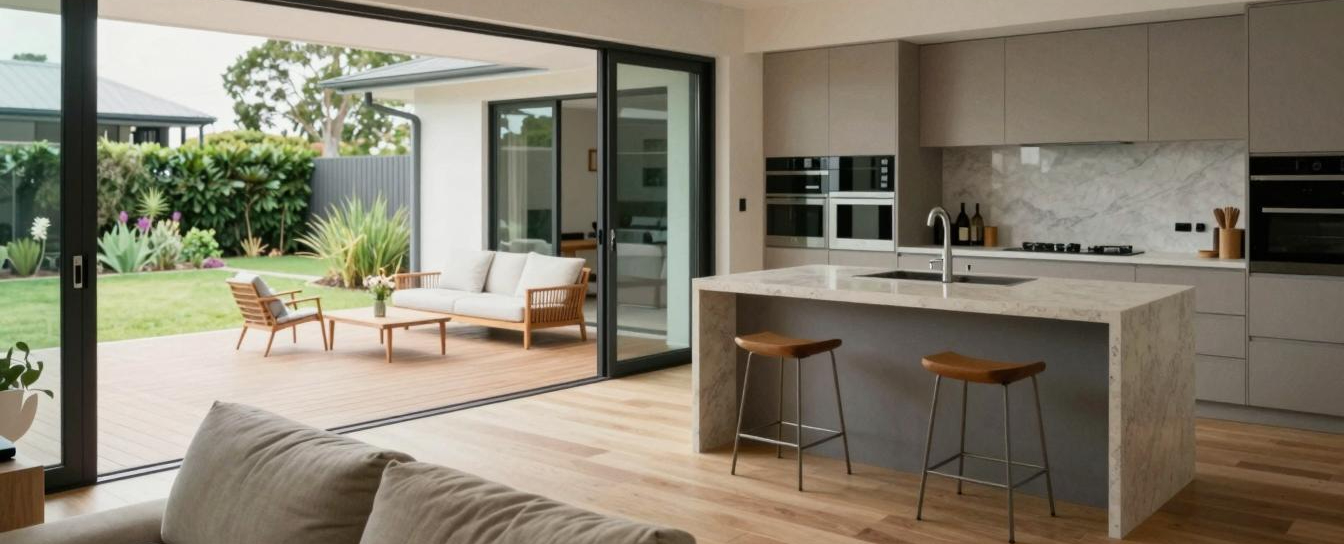 Modern Australian home renovation featuring updated kitchen, open-plan living, and outdoor entertaining area designed to increase resale value