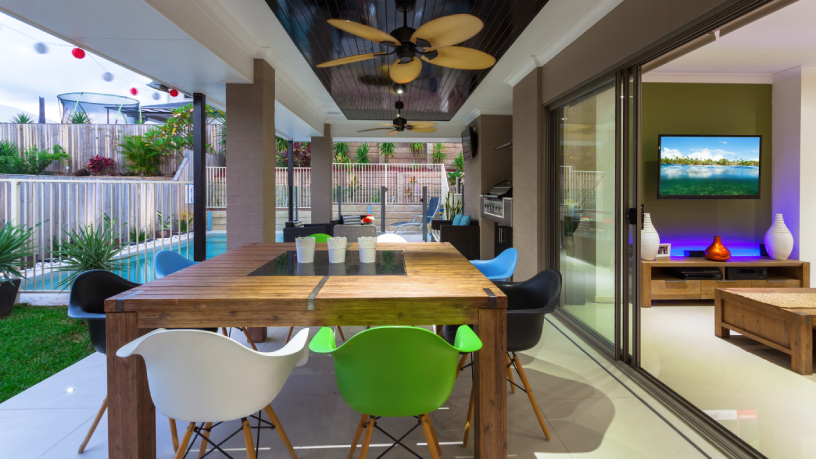 Modern renovated home interior with bright open-plan kitchen