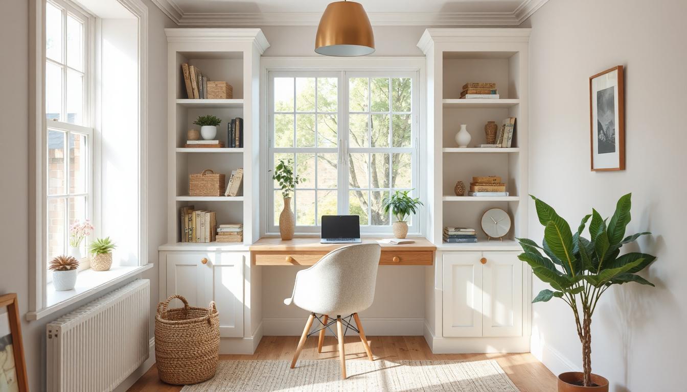 Stylish UK home office with natural light, ergonomic setup, and modern furnishings