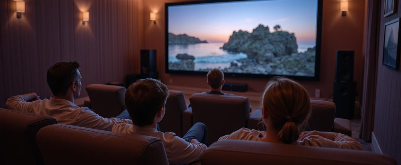 Modern home cinema with large screen, surround sound speakers, and cosy seating