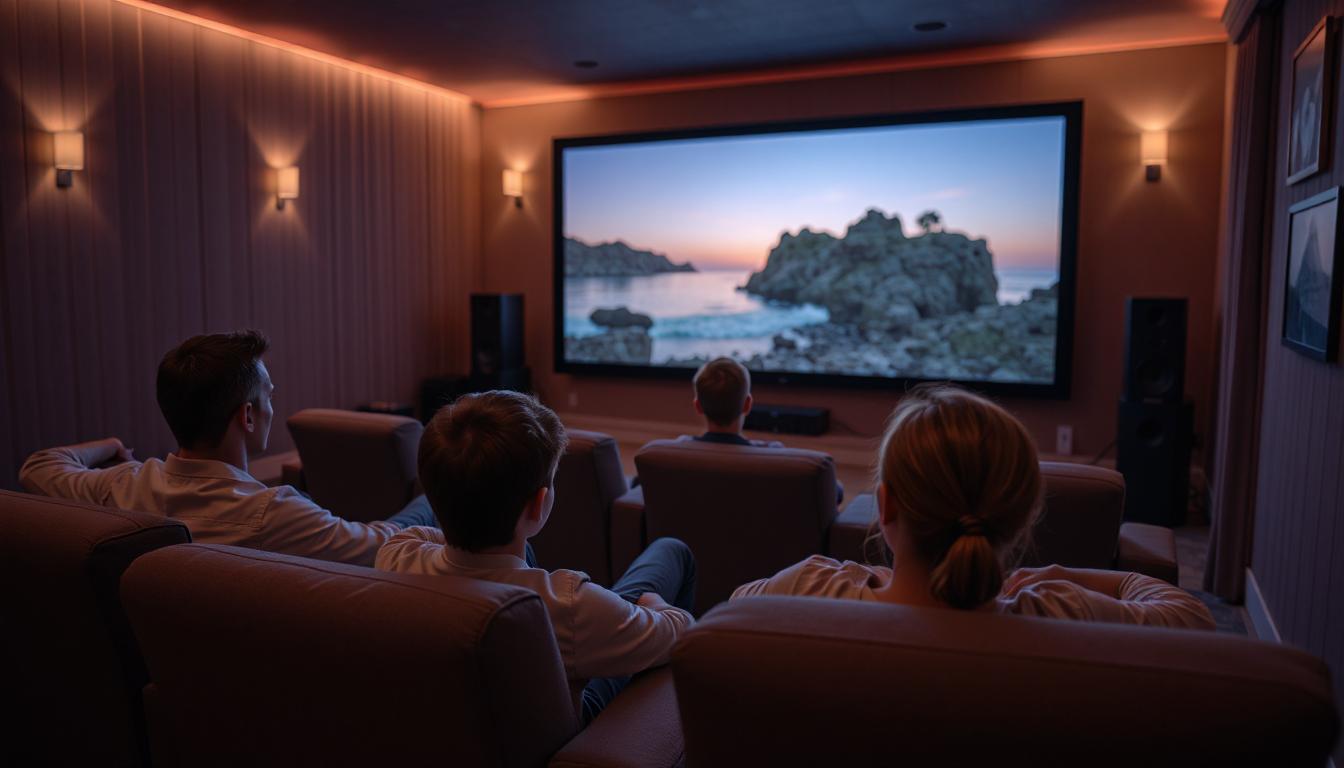 Modern home cinema with large screen, surround sound speakers, and cosy seating