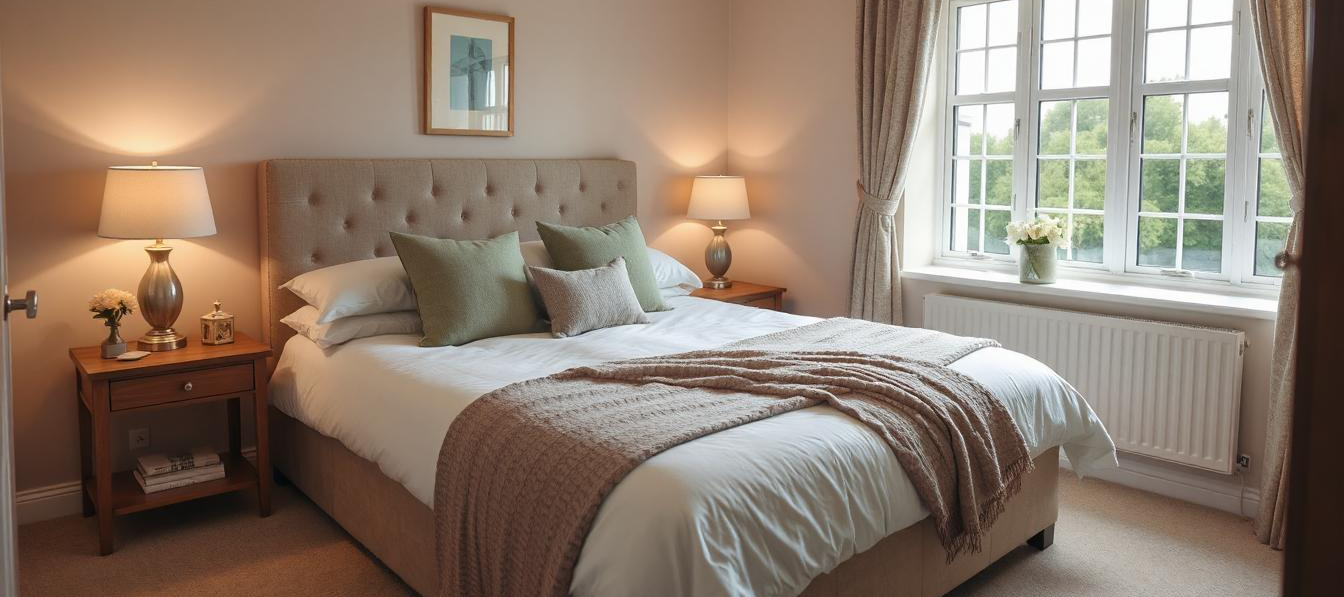 A cosy modern UK bedroom with soft lighting, layered blankets, cushions, and warm neutral colours creating a relaxing and inviting atmosphere.