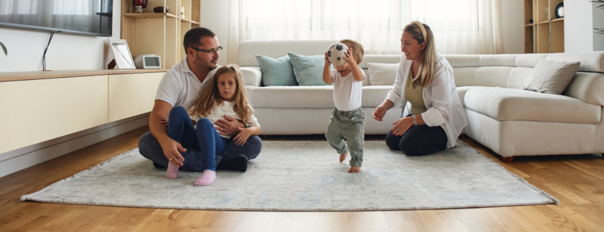Modern family-friendly living room with kids’ play area, safe furniture, and stylish design.