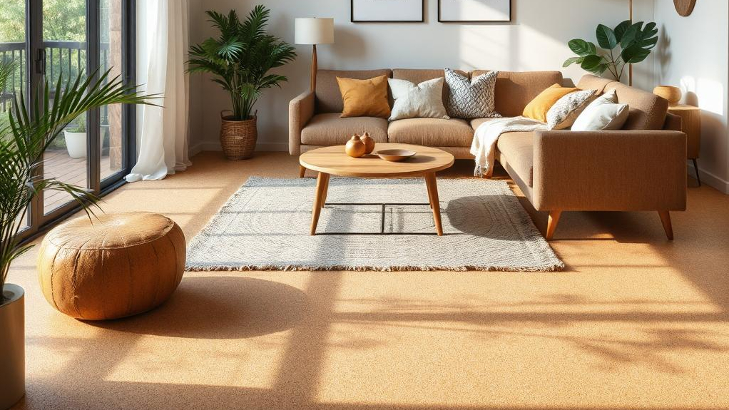 Modern UK living room with natural light, featuring eco-friendly flooring such as bamboo and reclaimed wood