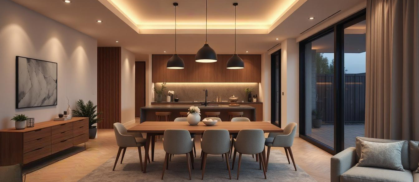 Modern UK home interior with stylish layered lighting and warm ambience