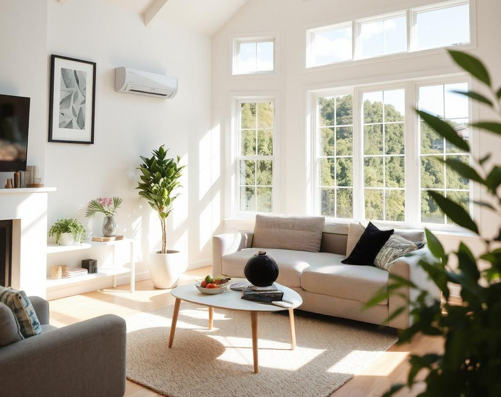 Modern renovated living room with open windows and bright natural airflow showing good home ventilation