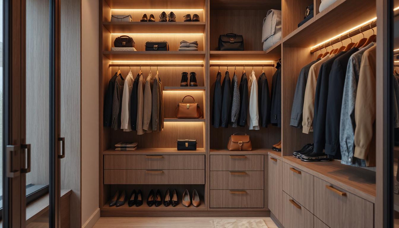 Luxury walk-in wardrobe with bespoke cabinetry, LED lighting, and organised shelving in a modern UK home