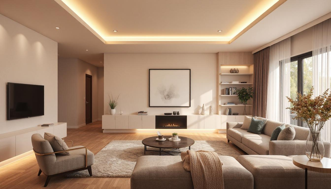 Modern UK living room with layered custom lighting including ambient, task, and accent features.