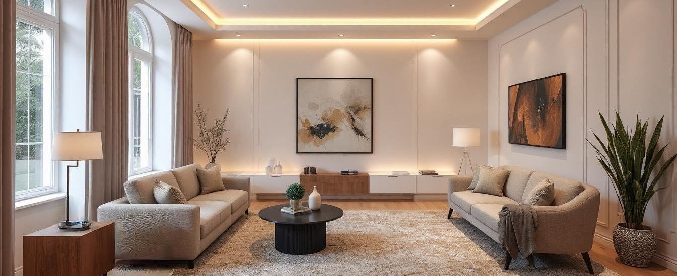 Modern UK living room with layered custom lighting including ambient, task, and accent features.