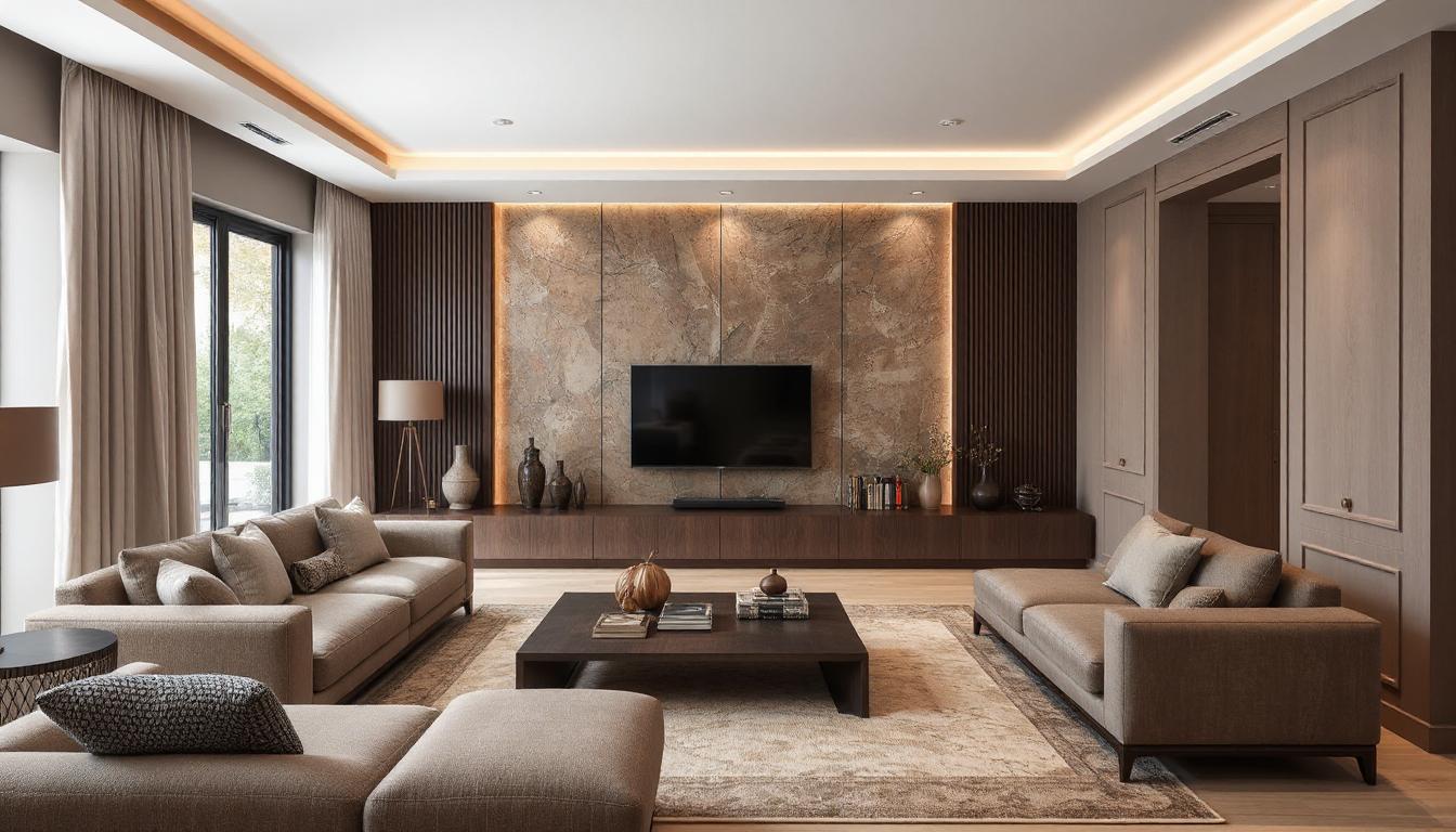 Luxury UK living room with feature wall, bespoke media unit, layered lighting, and high-end furnishings.
