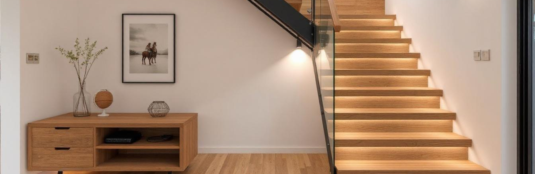 Contemporary staircase with glass balustrades and timber steps in a modern UK home