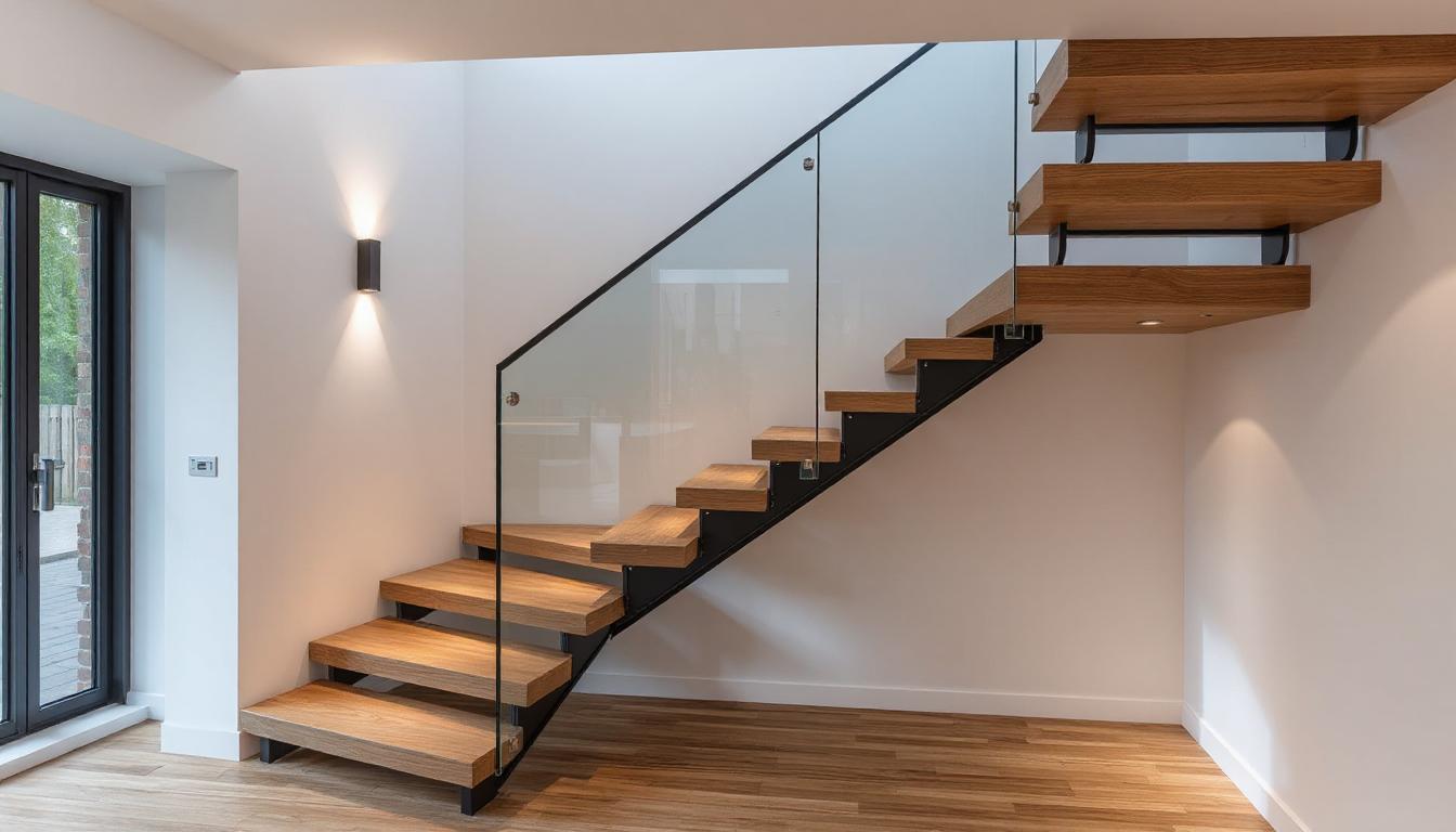 Contemporary staircase with glass balustrades and timber steps in a modern UK home