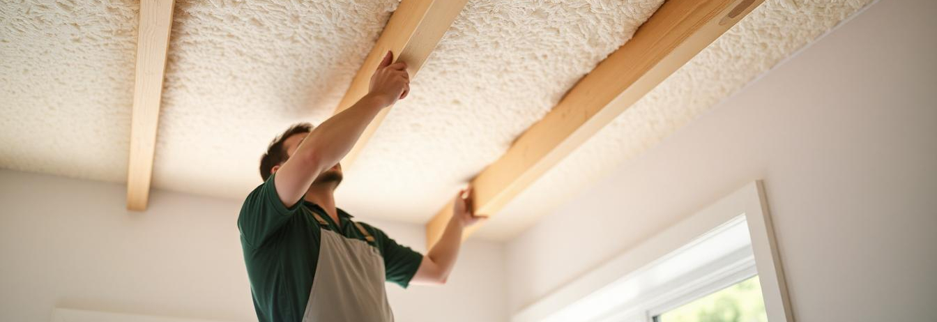 A modern UK home interior showing eco-friendly insulation materials such as wool, cellulose and cork, styled with soft natural tones to represent sustainable home improvement.