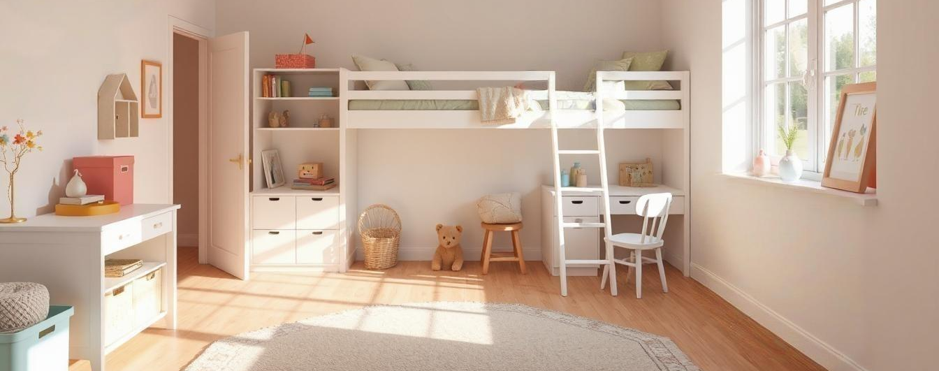 A modern children’s bedroom in a UK home featuring playful colours, custom furniture, soft textures and organised storage designed for safety and flexibility.