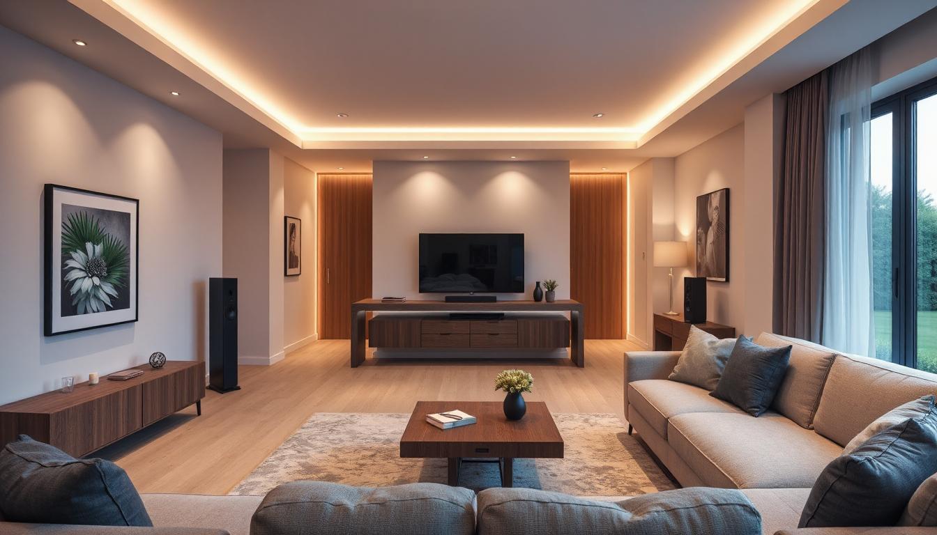 A modern UK living space with integrated ceiling speakers, smart home controls and a clean, minimalist design showing a seamless multi room audio setup.