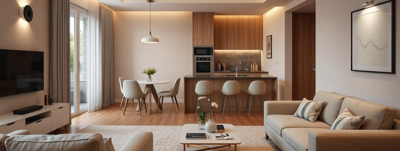 A modern UK living space with integrated ceiling speakers, smart home controls and a clean, minimalist design showing a seamless multi room audio setup.