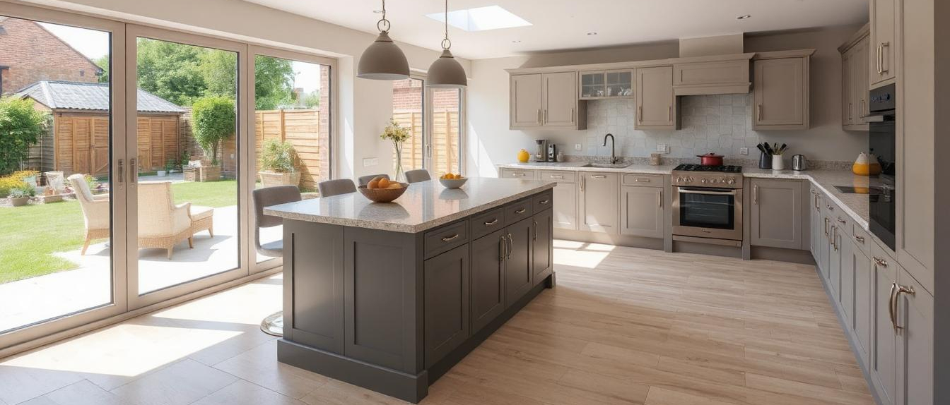 Modern UK kitchen extension with open-plan layout, large windows, island bench, and bright natural light.