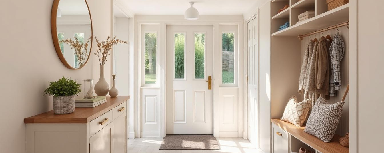 Luxury entrance hall renovation with statement lighting, bespoke furniture, and elegant finishes in a UK home