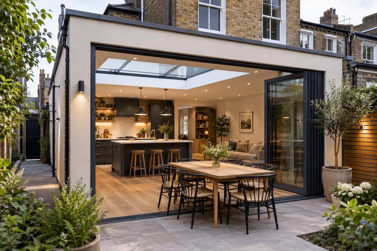 Side return extension with glazed roof, open-plan kitchen, South West London Victorian terrace