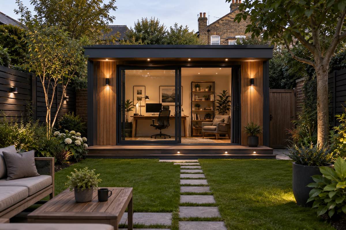 Bespoke garden room home office with glazed doors, South West London garden