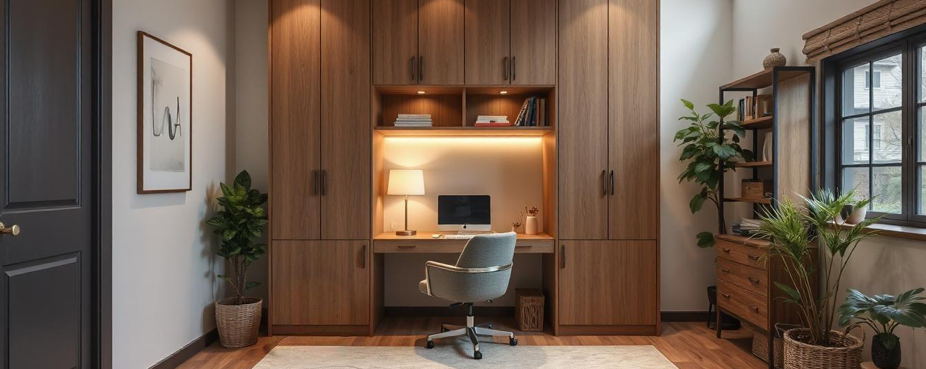 Modern small apartment with built-in shelves, smart furniture, and tidy, space-saving design
