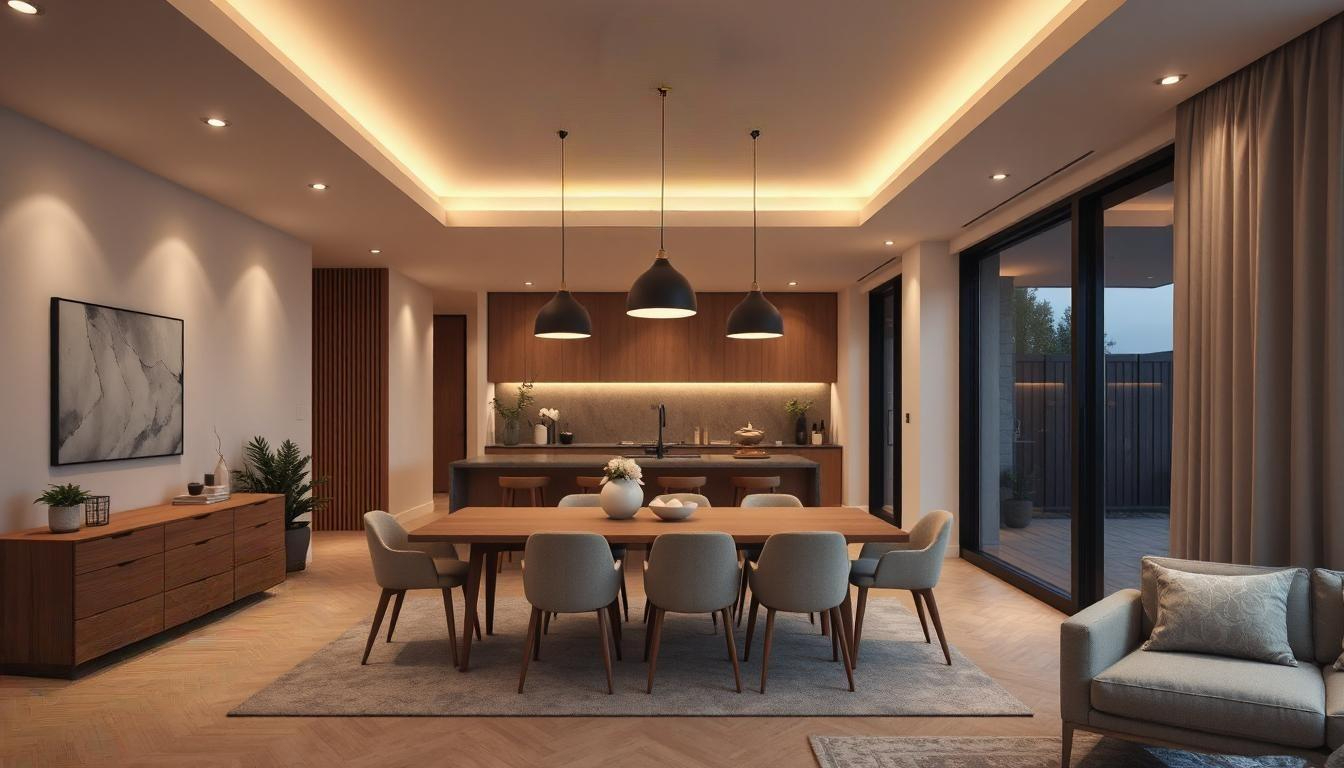 Modern home interior with stylish layered lighting and warm ambience