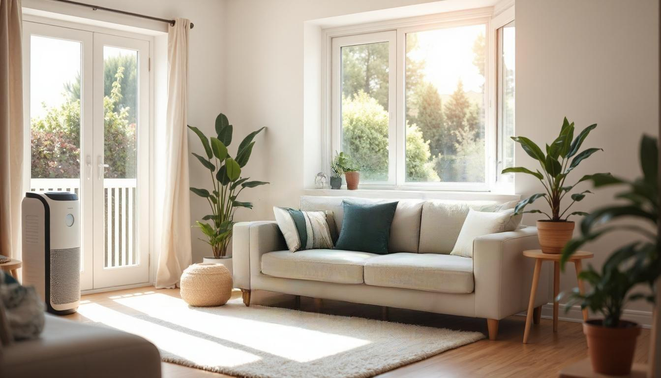 Modern renovated living room with open windows and bright natural airflow showing good home ventilation