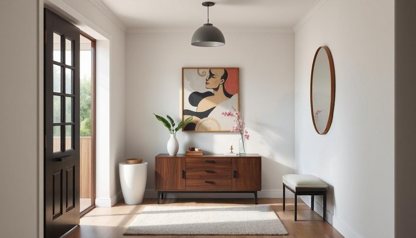 Modern, light-filled home entryway with a statement front door, natural décor, and stylish lighting.