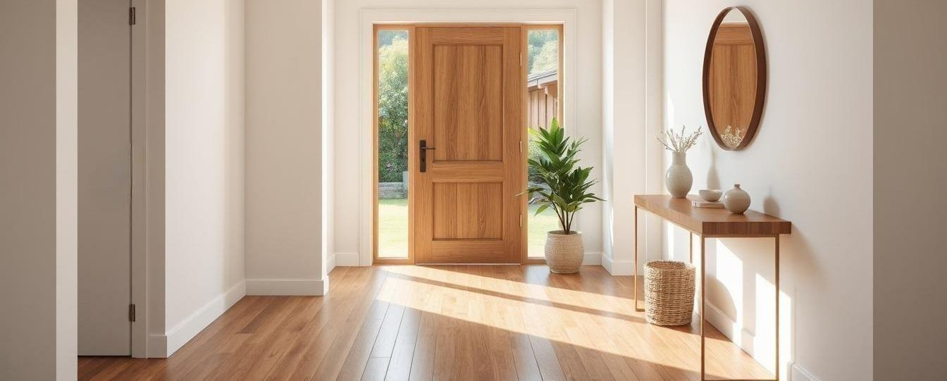 Modern, light-filled home entryway with a statement front door, natural décor, and stylish lighting.