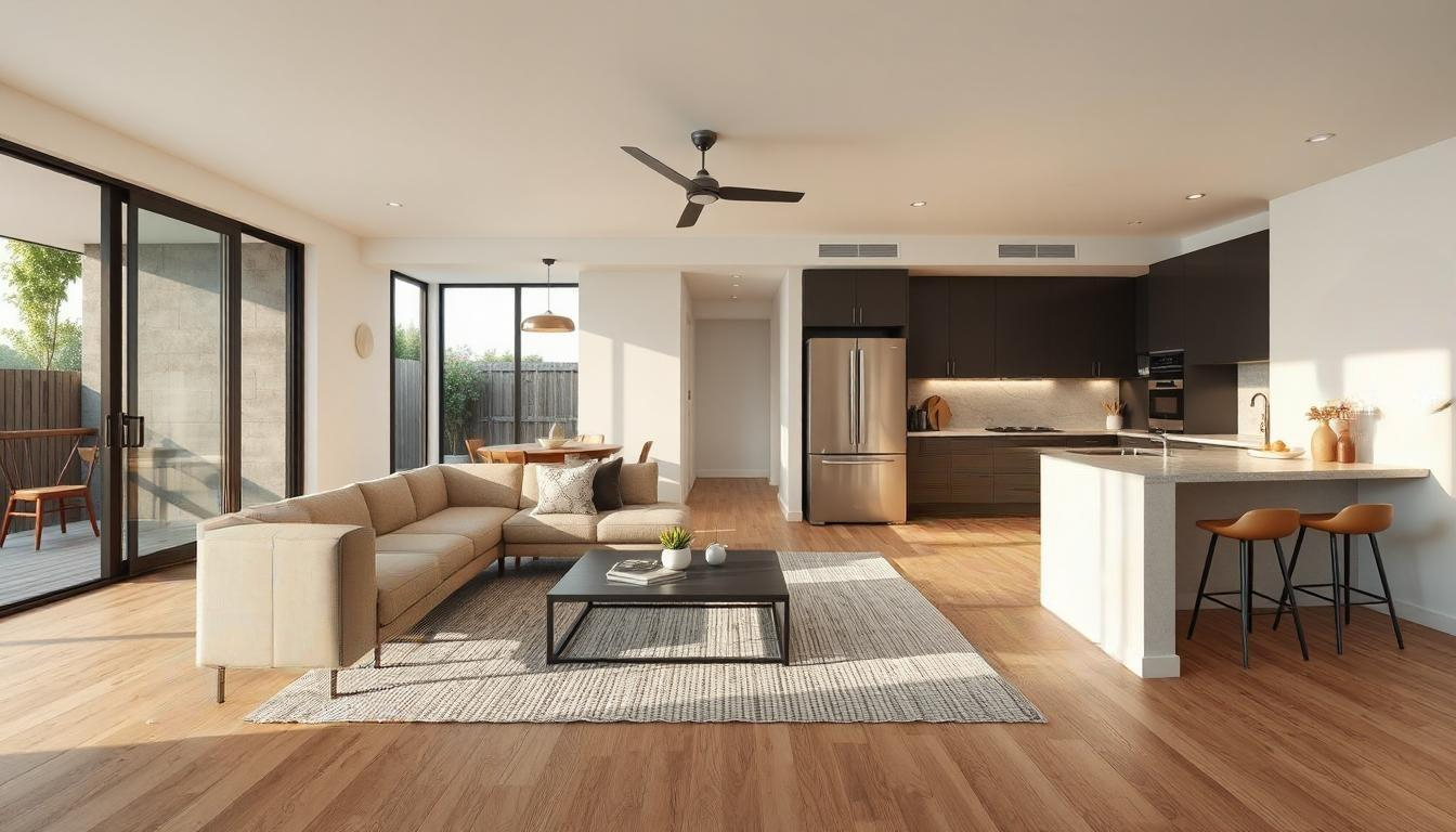 Open-concept kitchen and living room with modern layout and cohesive interior design