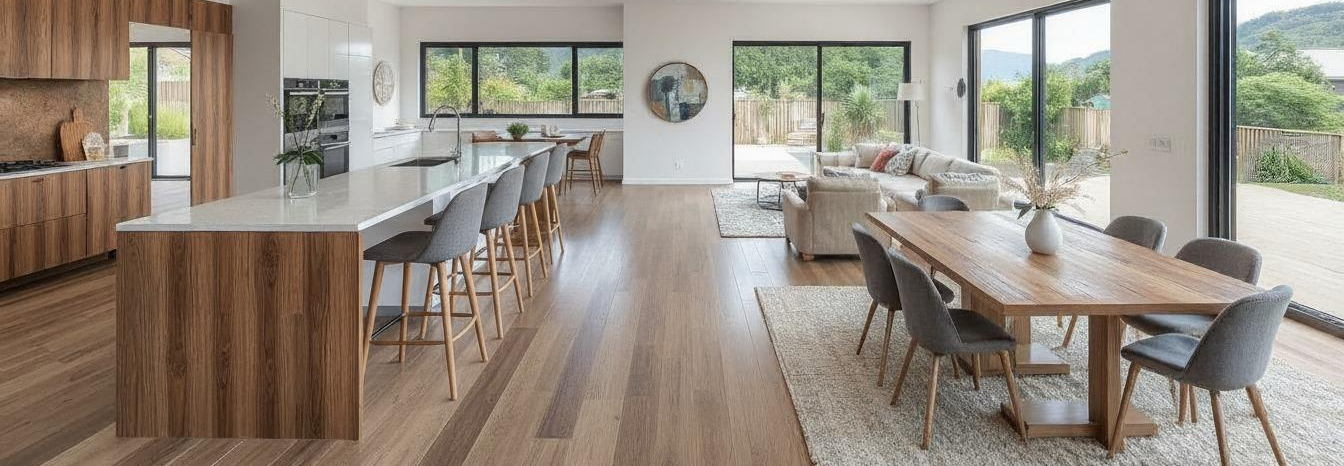 Open-concept kitchen and living room with modern layout and cohesive interior design