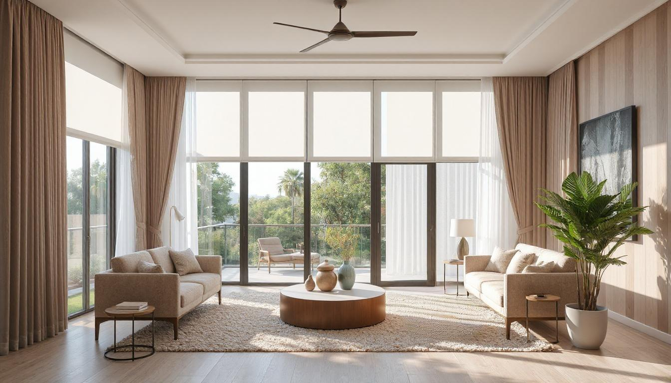 Wide interior photo showing modern window treatments in a bright New Zealand home